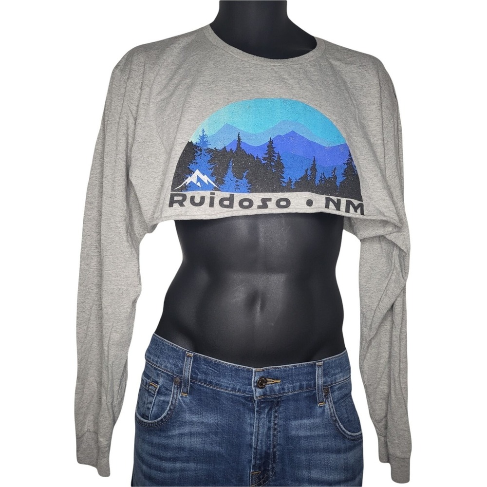 Pacific Ruidoso NM Womens Long Sleeve Crop Shirt Size L Big Graphic Belly‎ Top